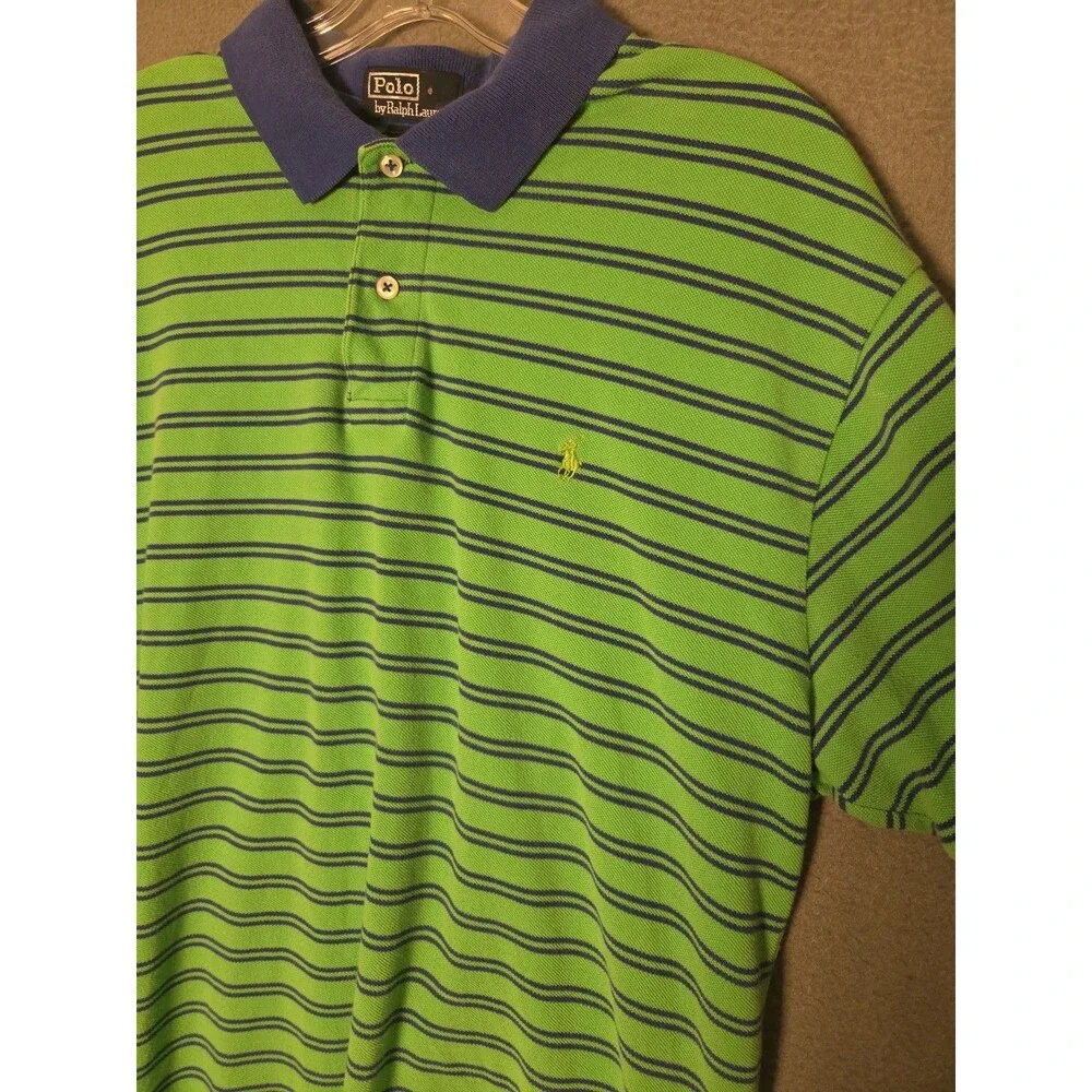 Vintage Polo Ralph Lauren Men's Lime Green and Navy Striped Polo Size LG Kanye